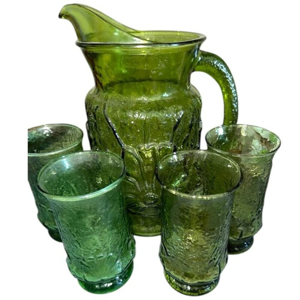 Vintage Avocado Green Glass Anchor Hocking Poppy Pitcher & 4 Tumblers